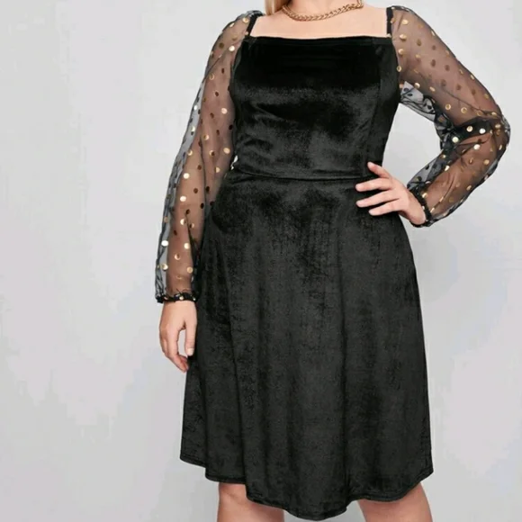 #12 Brand New Plus Black and Gold Mesh Velvet Dress - Picture 5 of 6
